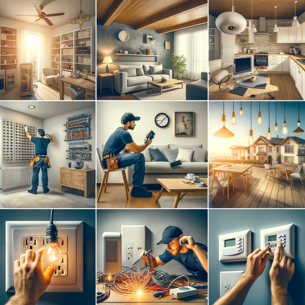 A photograph-style image depicting a variety of electrical installation and repair scenarios. The scene includes a collage of different residential.