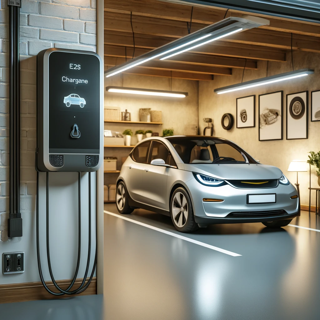 A residential garage with a sleek, modern electric vehicle charger installed. The garage is well-organized and clean, featuring a parked electric car.