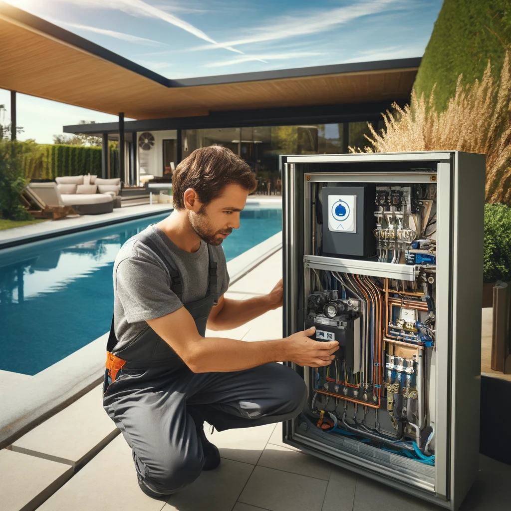An image of a technician repairing a modern pool heating system next to a luxurious outdoor pool. The scene is set in a sunny backyard.