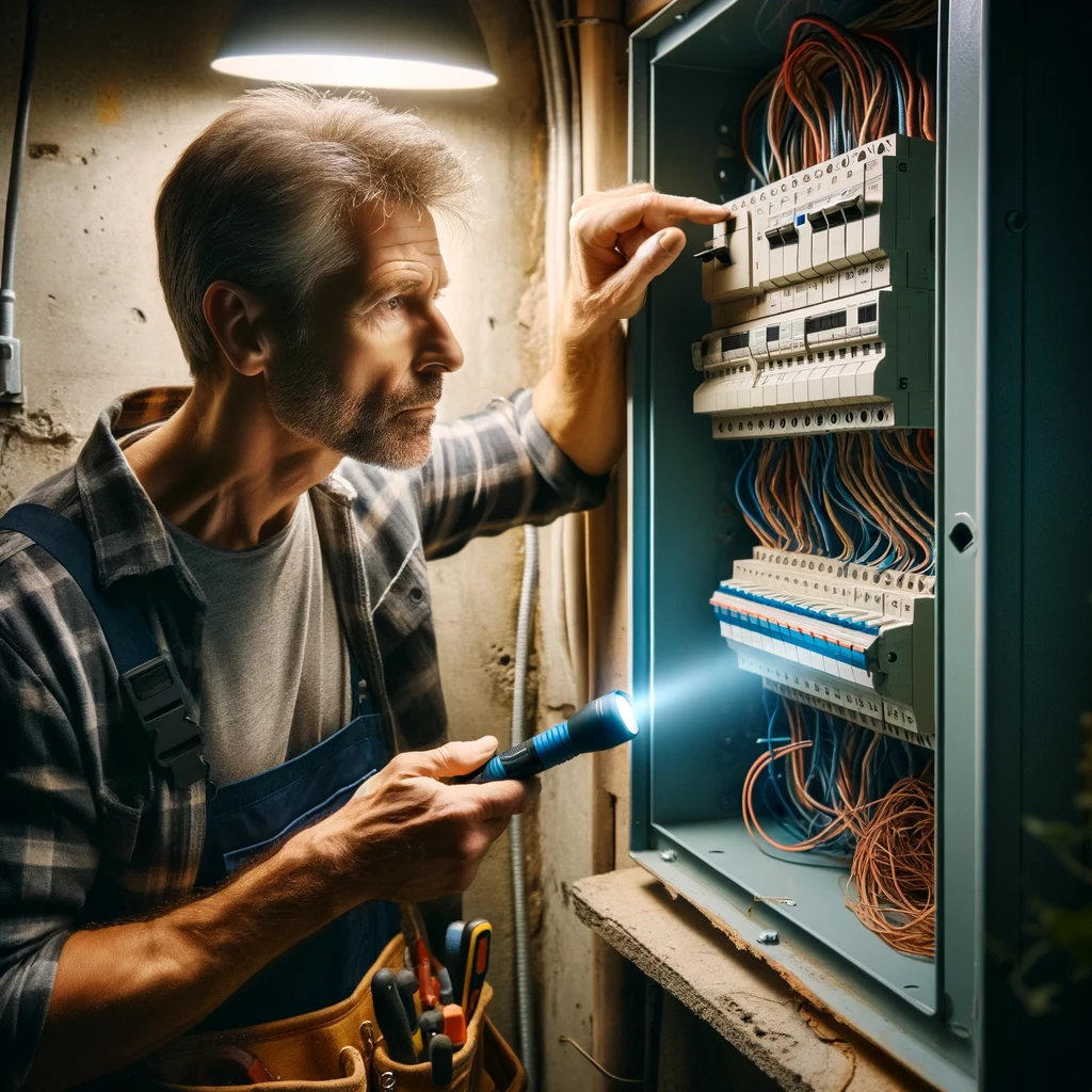 An electrician upgrading an old electrical panel to a modern circuit breaker in a home.